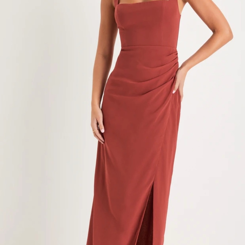 Lulus Disposition Rust Ruched Maxi Dress - Picture 2 of 11